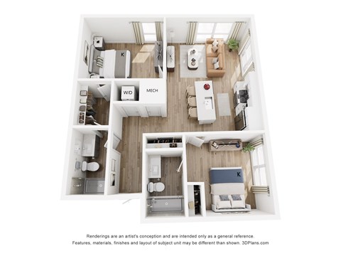 A 3D floor plan of a small apartment with a kitchen, living room, and bathroom.